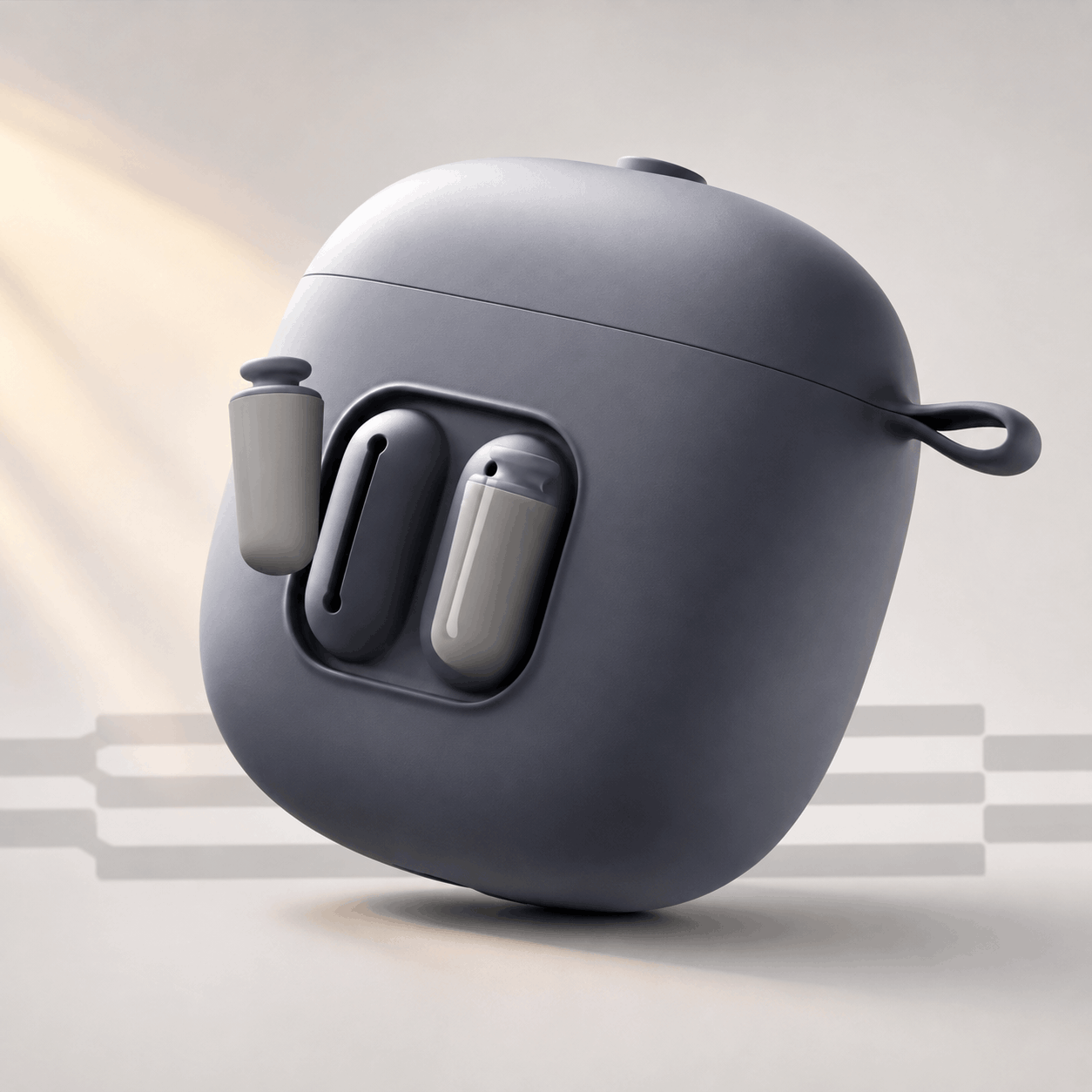 U-Shaped Inflatable Travel Pillow – Foldable Neck Support Cushion A dark gray wireless earbuds case with two earbuds partially visible, shown on a clean light beige studio background with soft warm light rays.