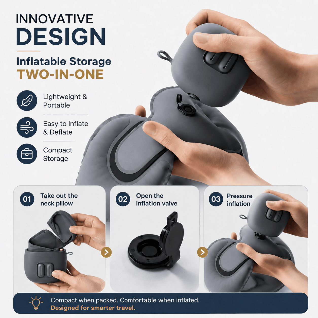 U-Shaped Inflatable Travel Pillow – Foldable Neck Support Cushion Inflatable two-in-one storage neck pillow shown being held by hands, with marketing text highlighting lightweight, portable, and easy-to-inflate features, plus three step-by-step inset diagrams showing how to take out the neck pillow, open the inflation valve, and pressure inflate it.