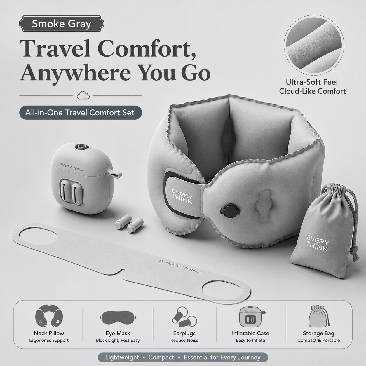 U-Shaped Inflatable Travel Pillow – Foldable Neck Support Cushion Smoke gray all-in-one travel comfort set featuring a cloud-like inflatable neck pillow, a matching eye mask, earplugs, an inflatable storage bag, and a small charging case, shown on a clean light gray background with marketing text and feature icons.