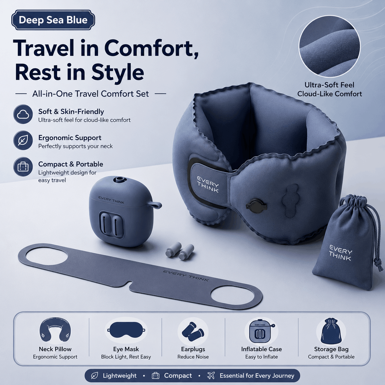 U-Shaped Inflatable Travel Pillow – Foldable Neck Support Cushion Deep Sea Blue travel comfort set including an inflatable neck pillow, eye mask, earplugs, and storage bag, with marketing text and feature icons on a light gray background.