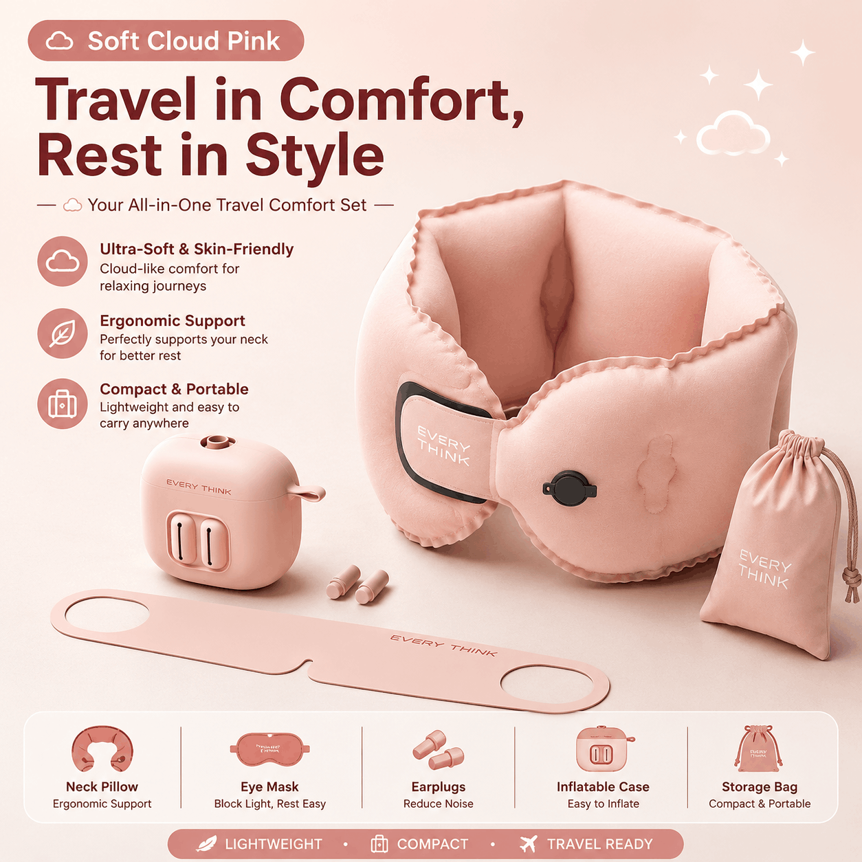 U-Shaped Inflatable Travel Pillow – Foldable Neck Support Cushion Pink travel neck pillow and eye mask set with earplugs and an inflatable storage bag, shown on a soft pink background with product features and icons.