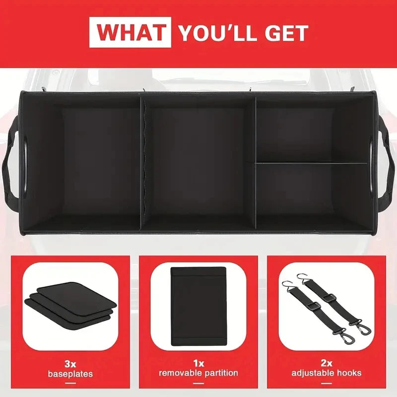 Large Car Trunk Organizer – Collapsible Multi-Compartment Storage Bag Car trunk organizer with compartments and accessories on a red background