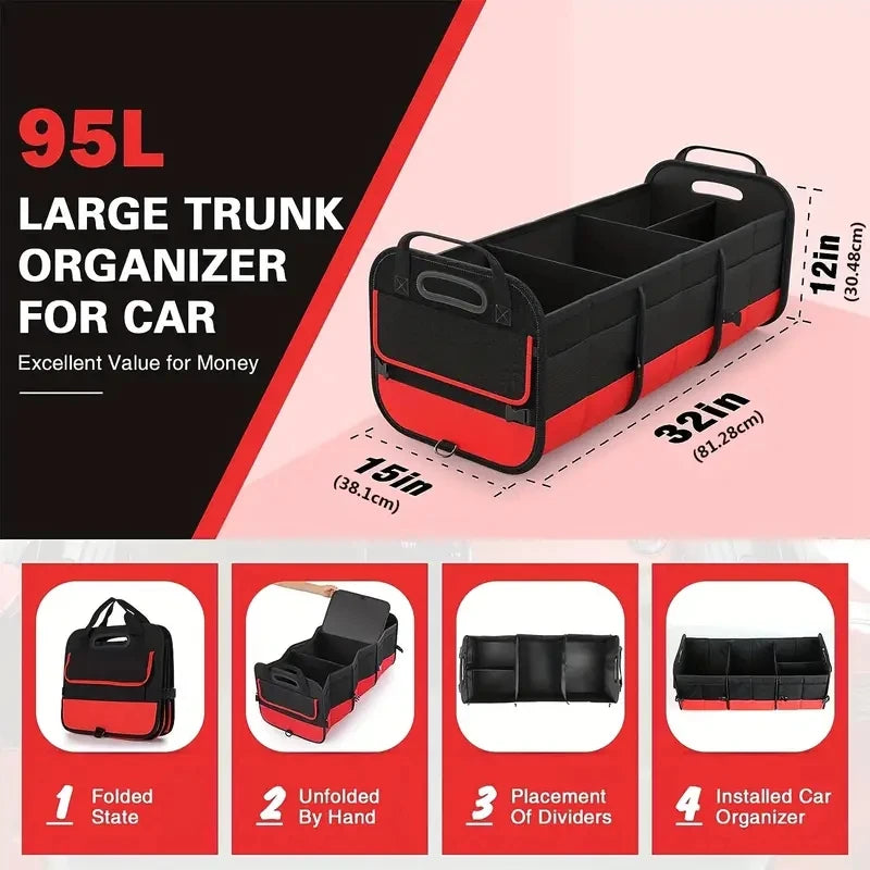 Large Car Trunk Organizer – Collapsible Multi-Compartment Storage Bag Large trunk organizer for car with dimensions and usage instructions on a pink and black background