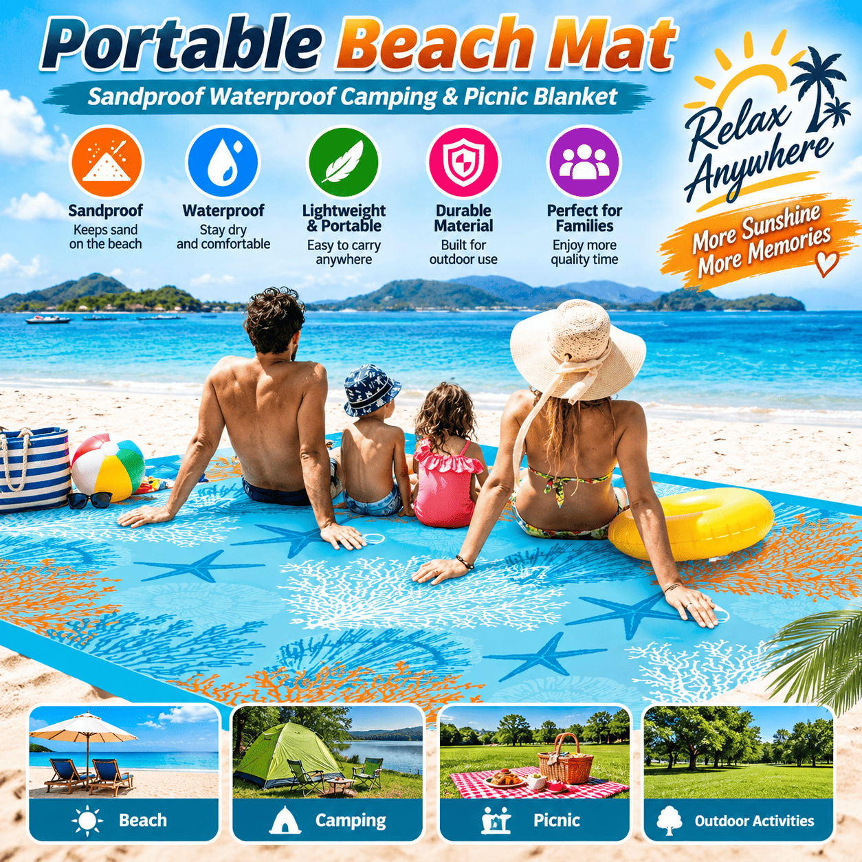 Portable Beach Mat – Sandproof Waterproof Camping & Picnic Blanket A portable beach mat shown in a beach lifestyle scene with a family sitting on it, alongside feature icons and text highlighting sandproof, waterproof, lightweight, and durable qualities.