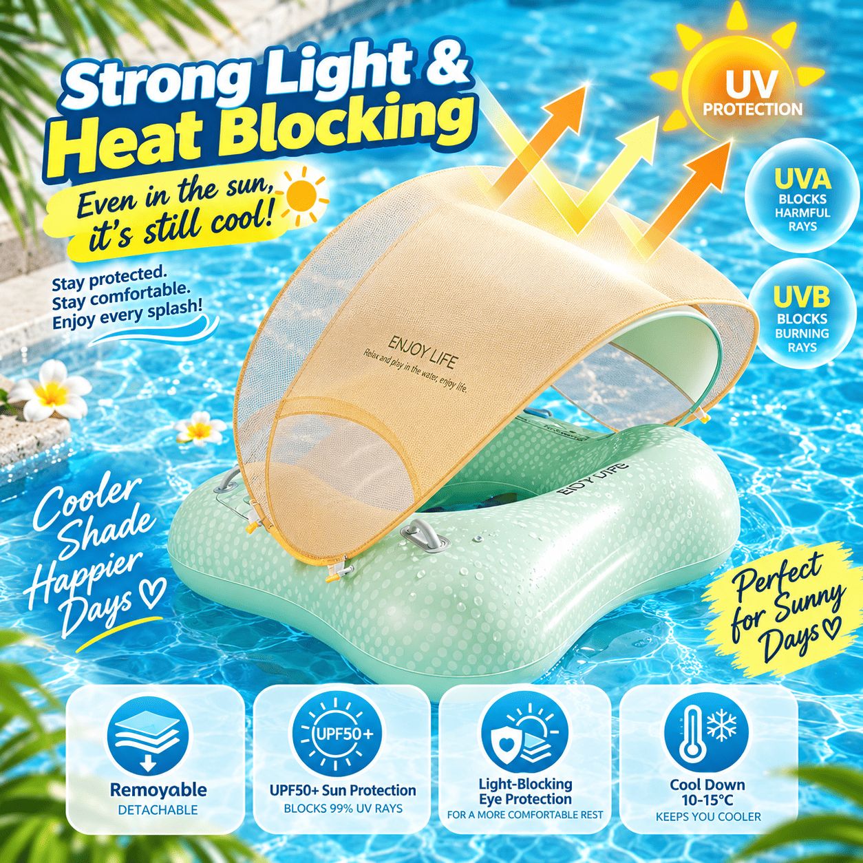 Inflatable Water Sofa – Floating Lounger for Pool & Beach A light green inflatable pool float with a translucent yellow sun shade, shown in a swimming pool with promotional text overlays about UV protection, heat blocking, and comfort.