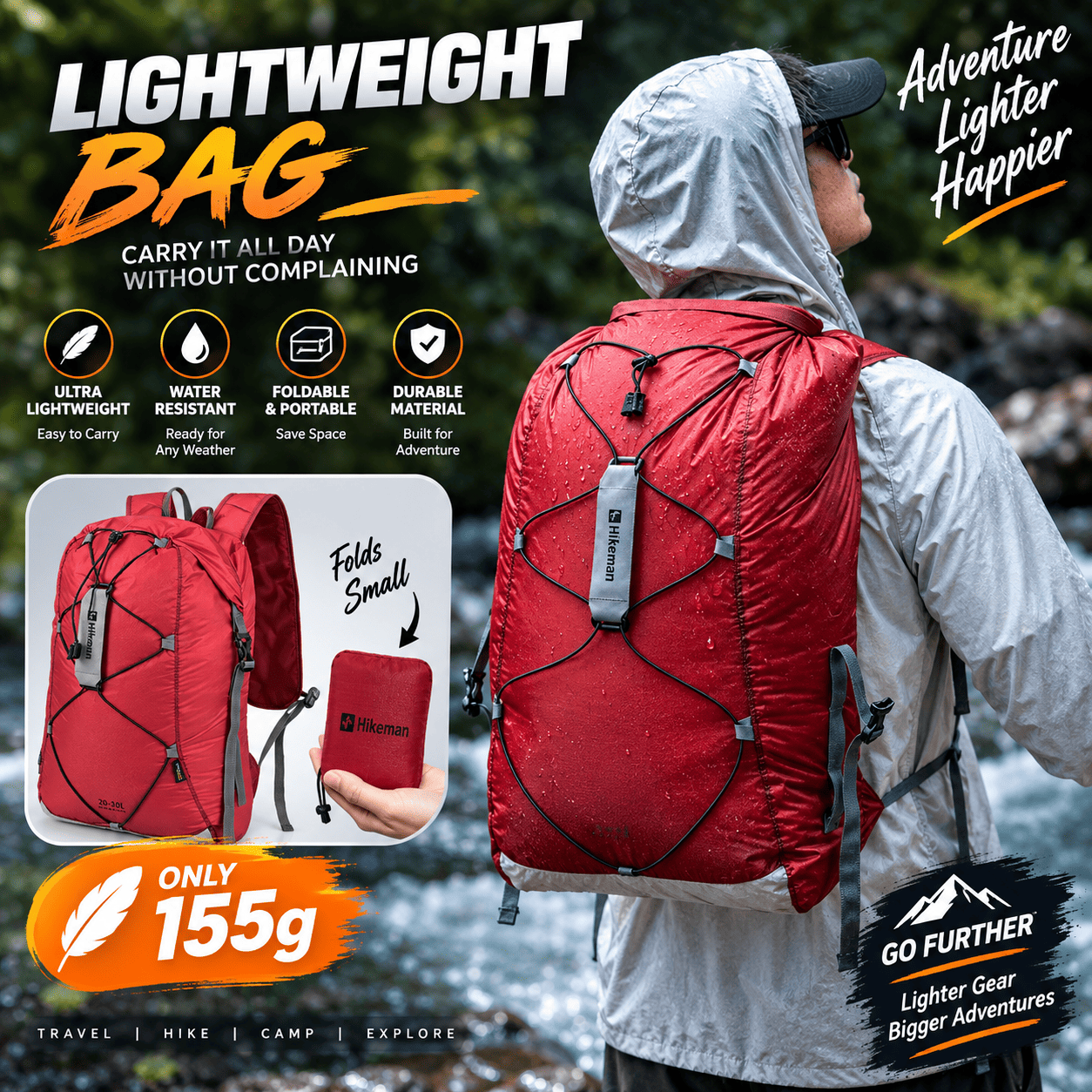 Waterproof Foldable Backpack – Ultralight Hiking Daypack A person wearing a red backpacking backpack outdoors by a river, shown from the back. The image includes large promotional text, feature icons, a smaller inset of the packed bag folded, and marketing claims such as 'Lightweight Bag,' 'Only 155g,' and 'Adventure Lighter Happier.