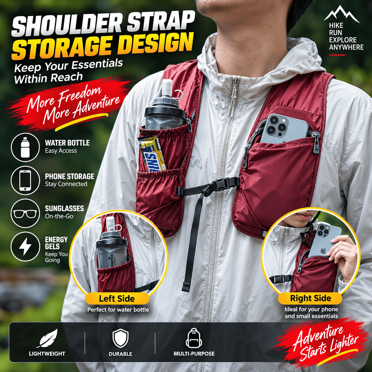 Waterproof Foldable Backpack – Ultralight Hiking Daypack A man wearing a red shoulder strap storage vest over a white jacket, demonstrating pockets for a water bottle and a phone. The image includes feature callouts and diagrams showing the vest's storage capabilities.