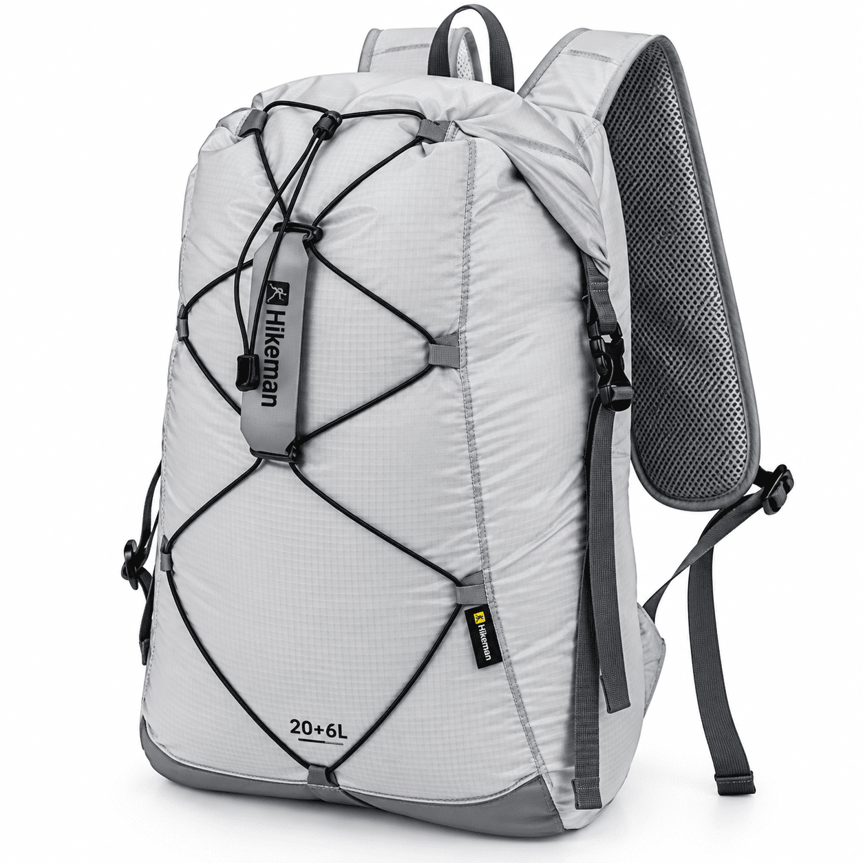Waterproof Foldable Backpack – Ultralight Hiking Daypack A light gray and dark gray hiking backpack with black compression straps and a mesh back panel, shown on a white background.