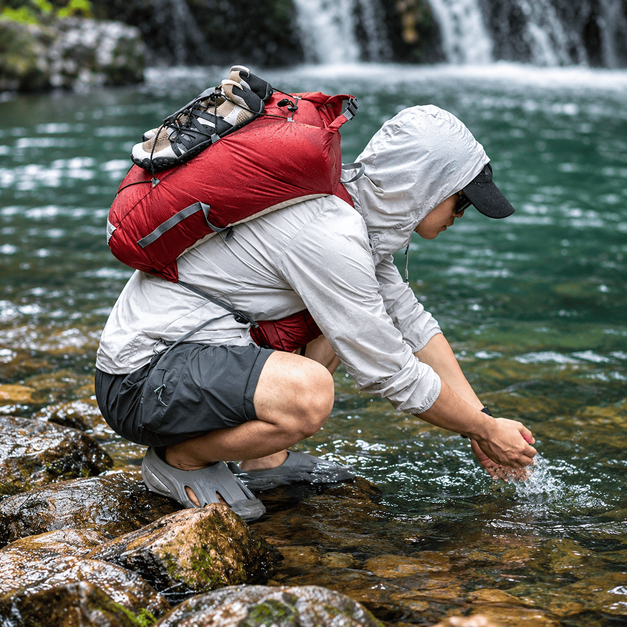 Waterproof Foldable Backpack – Ultralight Hiking Daypack A person crouching in a rocky stream near a waterfall, wearing a light gray hooded jacket, dark shorts, gray slip-on shoes, and a large red backpack.