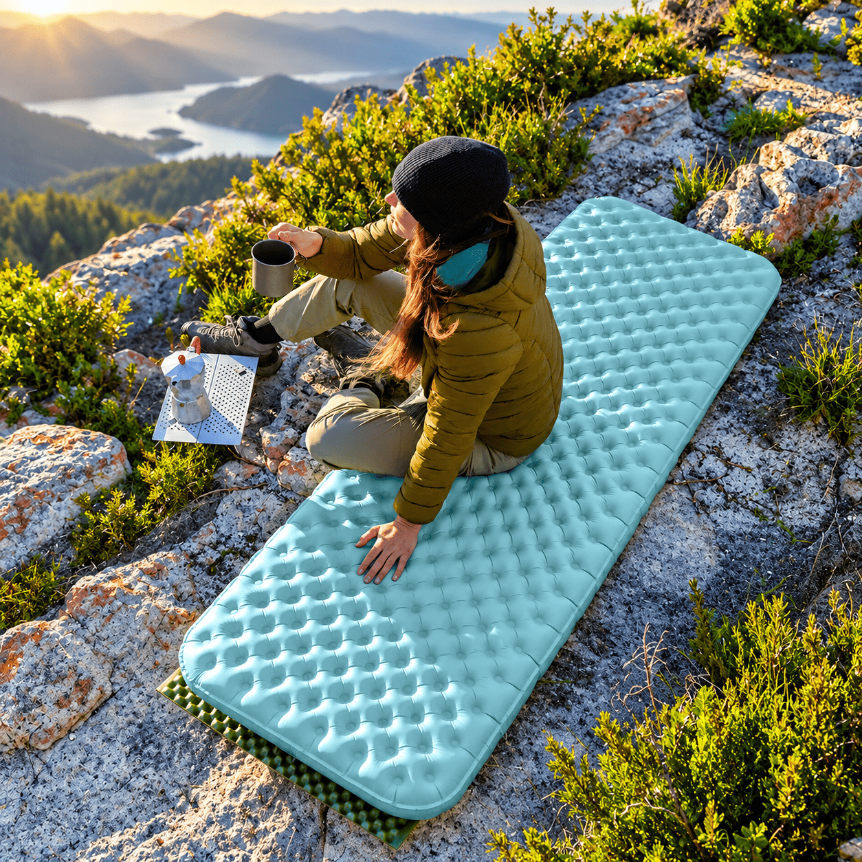 Inflatable Sleeping Pad – Ultralight Camping & Hiking Mat A person sits on a mint green inflatable camping sleeping pad placed on a rocky mountain ridge with shrubs and a scenic lake in the background. The person wears a tan puffer jacket, olive pants, and a black beanie, holding a metal cup.