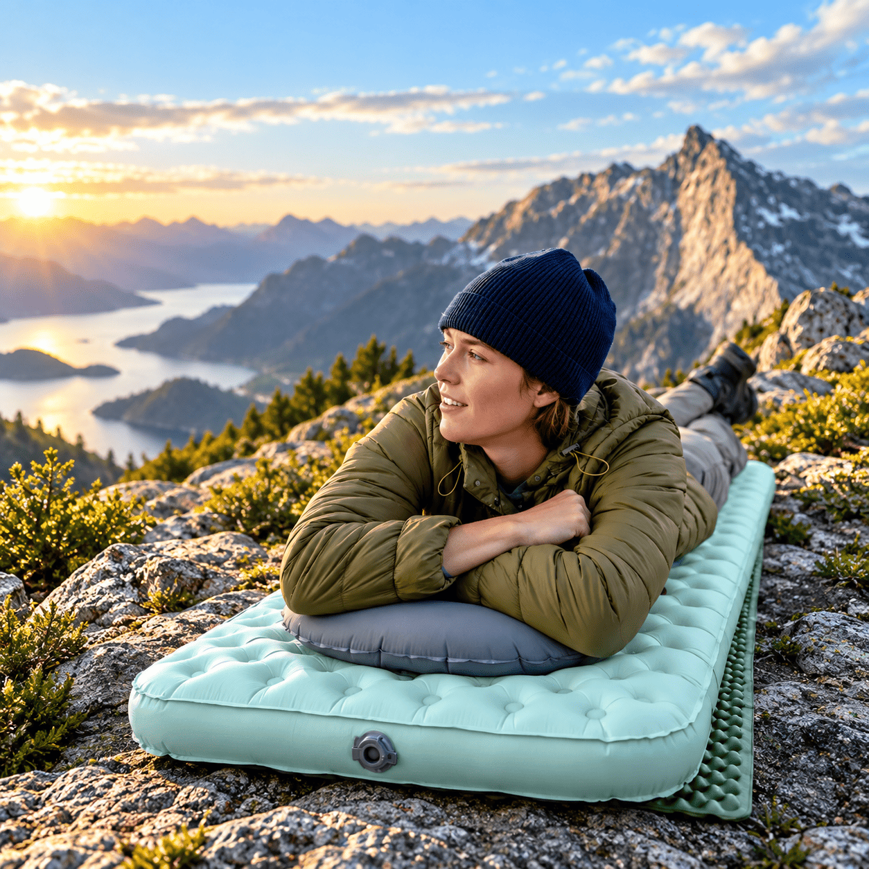 Inflatable Sleeping Pad – Ultralight Camping & Hiking Mat A woman lies on a mint green inflatable camping sleeping pad on a rocky mountain peak, with a scenic lake and mountain range under a sunset sky in the background.