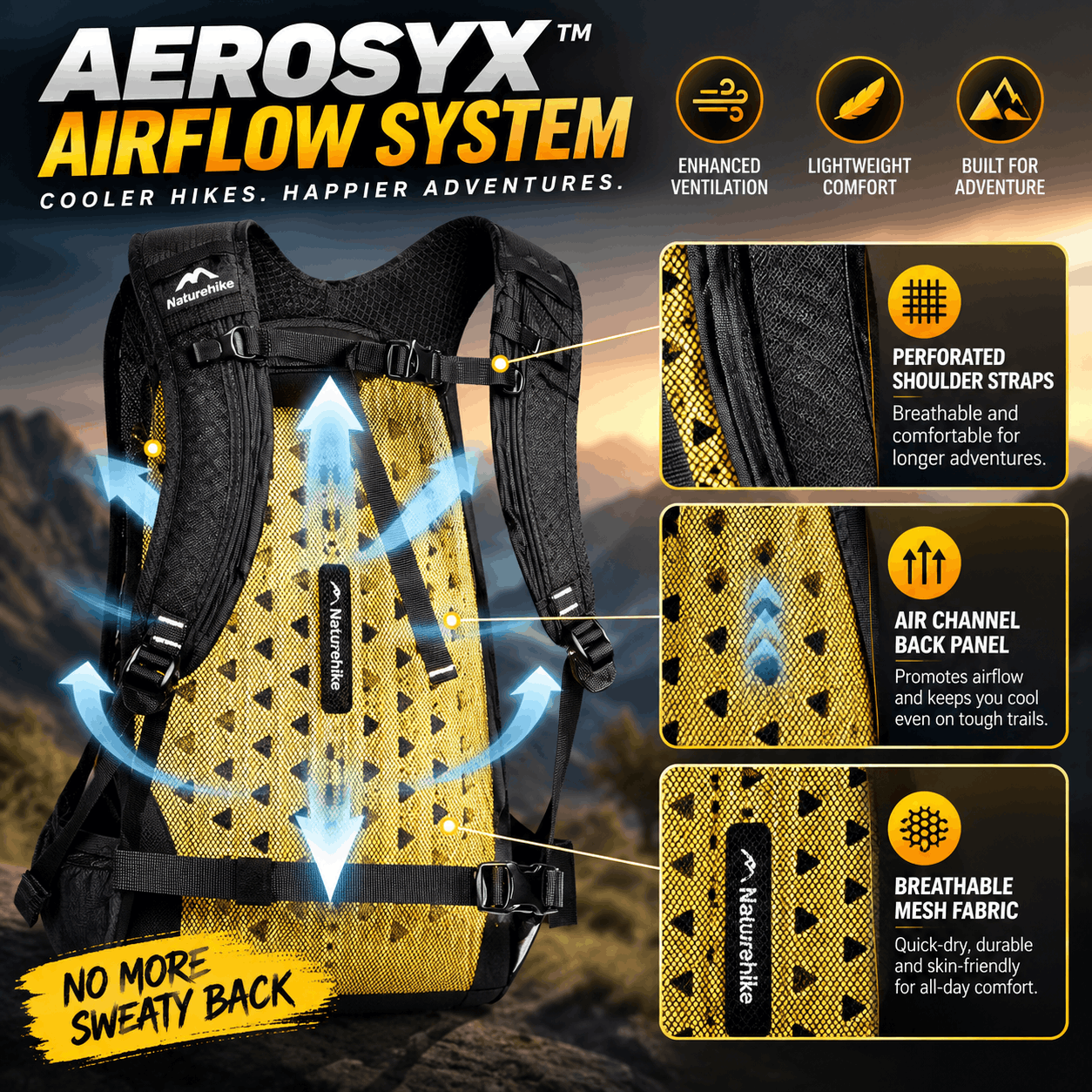Waterproof Hiking Backpack – Lightweight Travel & Trekking Daypack Aerosyx Airflow System backpack in black and yellow mesh fabric, shown on a mountain trail with feature callouts and icons explaining ventilation, shoulder straps, back panel airflow, and breathable mesh fabric.