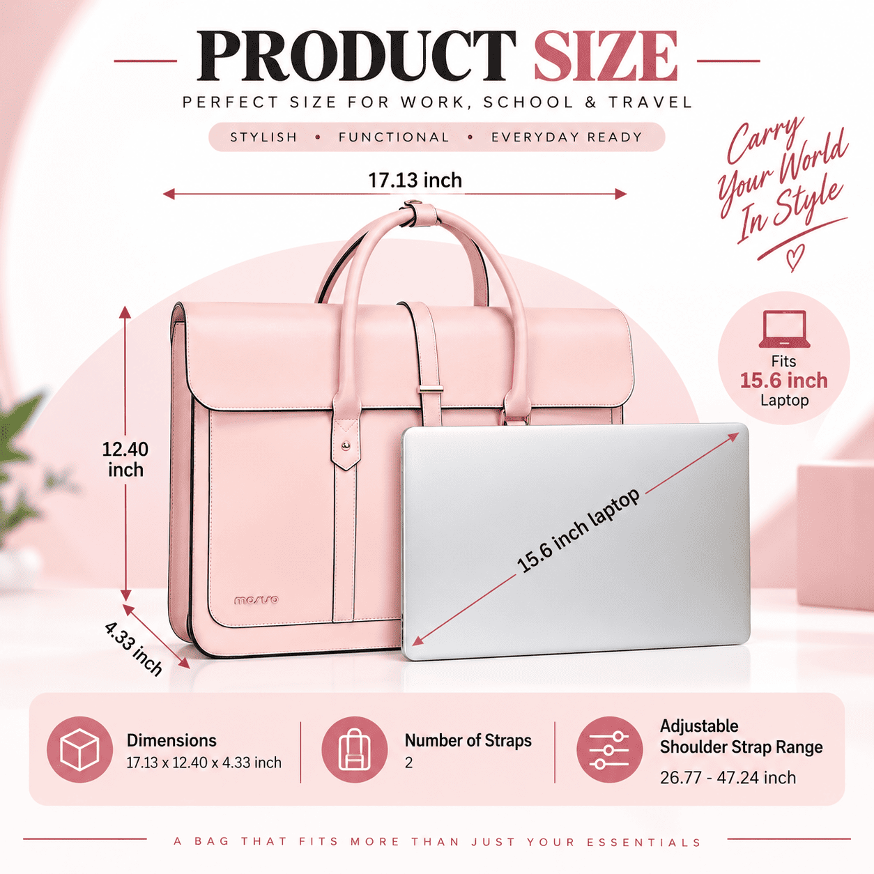 Laptop Bag – Convertible Briefcase, Shoulder & PU Leather Backpack A pink structured tote-style laptop bag shown with dimension callouts and a laptop placed in front, on a pale pink graphic background. Text reads 'PRODUCT SIZE' and lists dimensions, strap count, and shoulder strap range.