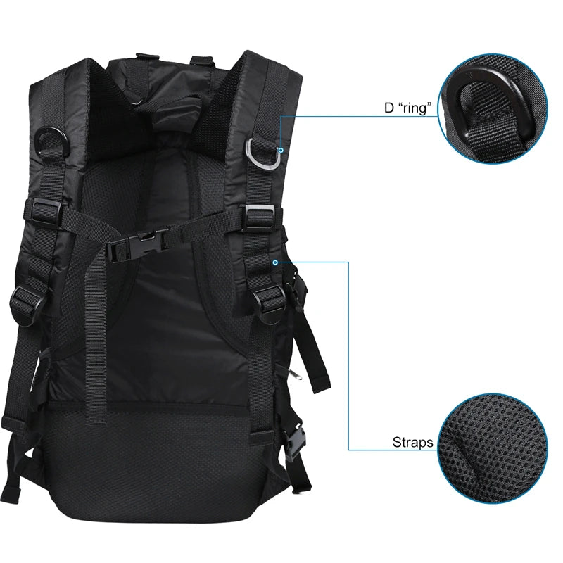 Waterproof Hiking Backpack – Lightweight Trekking & Camping Daypack Black backpack with detailed views of D-ring and straps on a white background