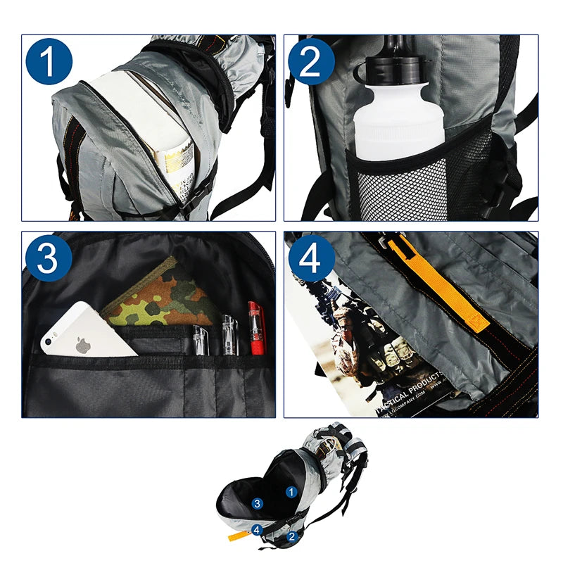 Waterproof Hiking Backpack – Lightweight Trekking & Camping Daypack Collage of a backpack with various compartments and items inside.