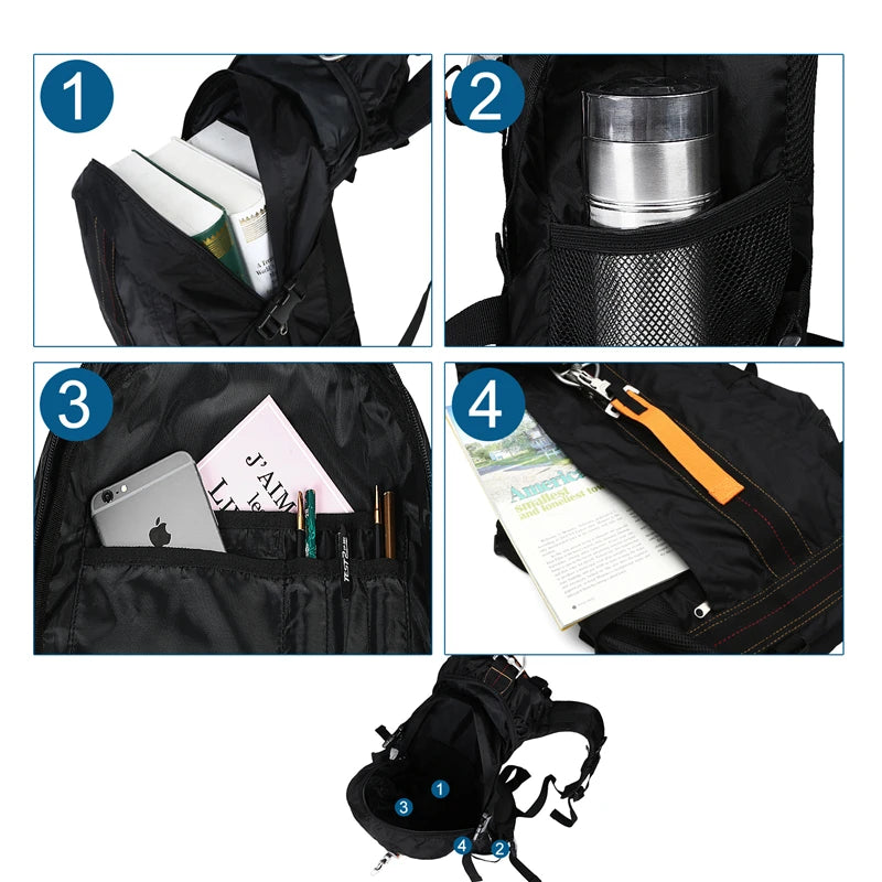 Waterproof Hiking Backpack – Lightweight Trekking & Camping Daypack Black backpack with various compartments and items displayed in a collage.