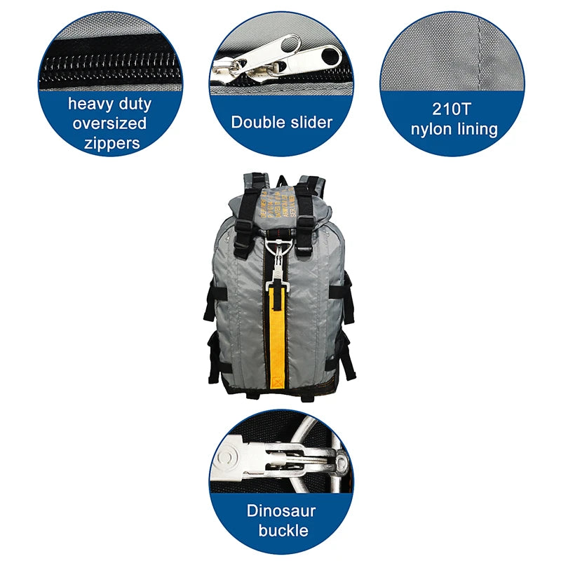 Waterproof Hiking Backpack – Lightweight Trekking & Camping Daypack Gray backpack with features highlighted, including oversized zippers, double slider, 210T nylon lining, and dinosaur buckle.