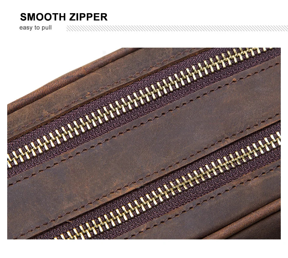 Genuine Leather Toiletry Bag for Men – Vintage Travel Cosmetic Organizer Close-up of a brown leather bag with gold zipper, labeled 'Smooth Zipper'.