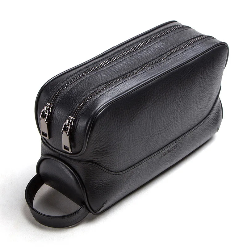 Genuine Leather Toiletry Bag for Men – Vintage Travel Cosmetic Organizer Black leather toiletry bag with zippers on a white background