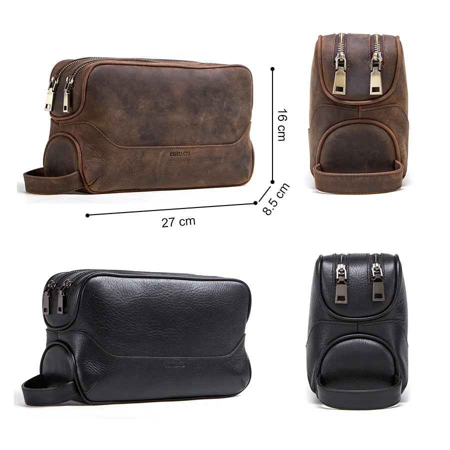 Genuine Leather Toiletry Bag for Men – Vintage Travel Cosmetic Organizer Brown and black leather bags with measurements on a white background