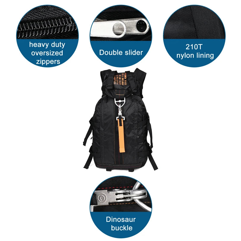 Waterproof Hiking Backpack – Lightweight Trekking & Camping Daypack Black backpack with features highlighted, including oversized zippers, double slider, 210T nylon lining, and dinosaur buckle.