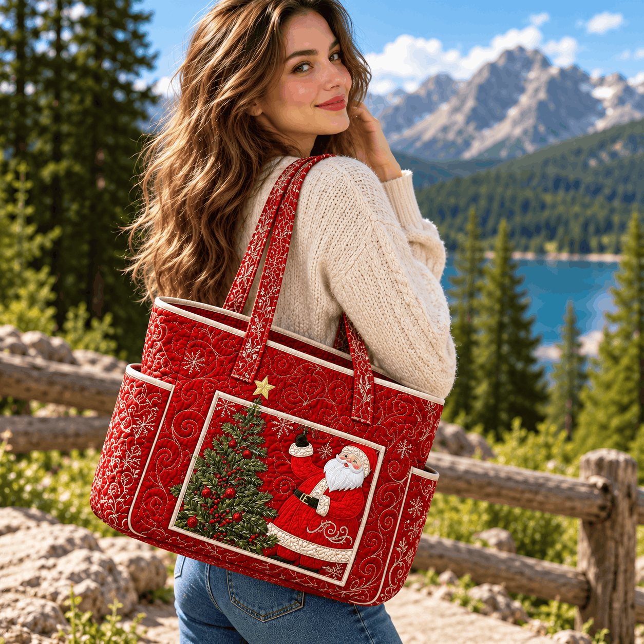 Christmas Santa Quilted Tote Bag – Multi-Pocket Shoulder Handbag Christmas Santa Quilted Tote Bag – Multi-Pocket Shoulder Handbag