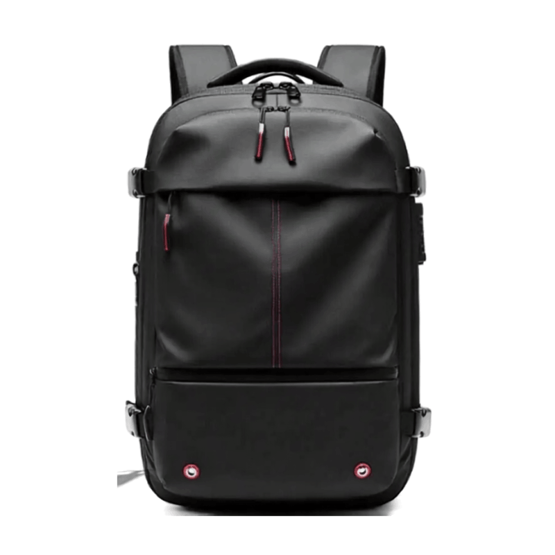 Compressible Travel Backpack – Expandable Outdoor Hiking Backpack A black backpack with a matte finish, featuring a vertical red stitched line down the center, dual zipper pulls with red and white accents, and two small red circular logo details on the lower front pocket.