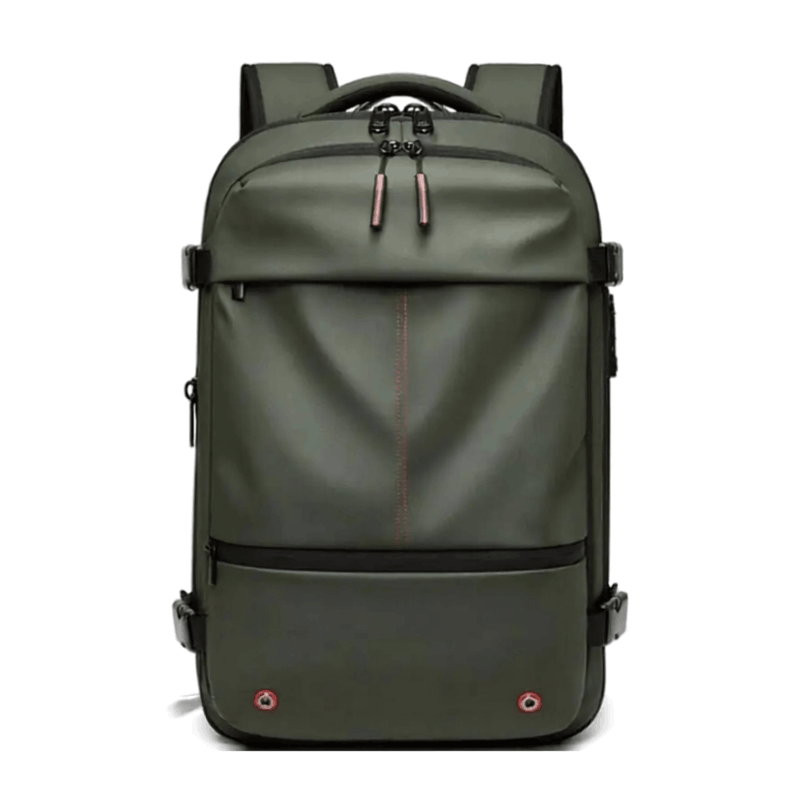 Compressible Travel Backpack – Expandable Outdoor Hiking Backpack An olive green backpack with black straps and trim, featuring a vertical red stitching detail on the front pocket, shown against a plain white background.