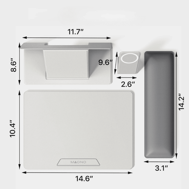 Magnetic Laptop Stand – Foldable Laptop Riser with Phone Stand A product dimension diagram showing a wall-mounted bathroom vanity tray set with measurements in inches. The set includes a large rectangular tray, a smaller square tray, and a tall narrow tray, with arrows and labels indicating dimensions such as 14.