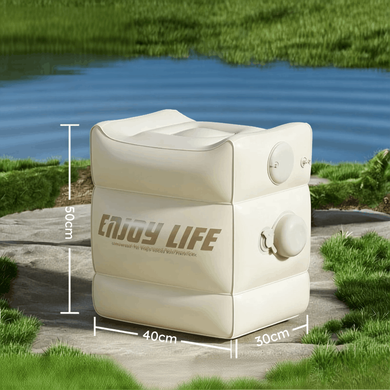 Inflatable Travel Footrest – Adjustable Footstool for Airplane & Train An outdoor poolside lounge chair shown on a stone patio with grass and water in the background. White dimension lines and text indicate measurements of 50cm height, 40cm width, and 30cm depth.