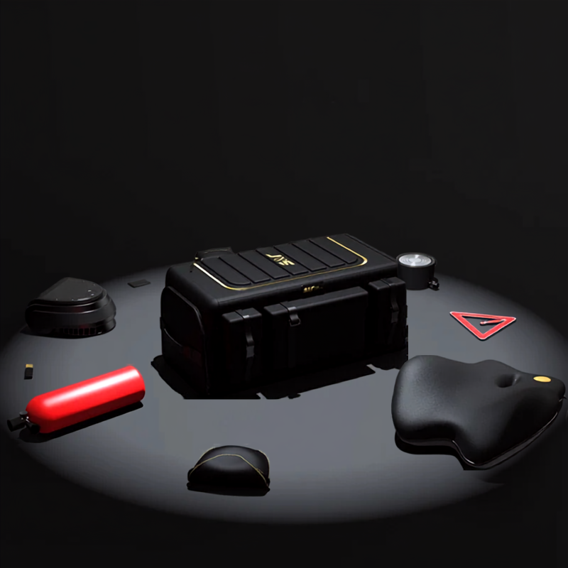 Car Trunk Organizer – Foldable Oxford Cloth Storage Bag A black rugged protective case with gold accents is displayed on a dark circular platform with several accessories arranged around it, including a red cylindrical item, black pouches, and a small red triangular tag. The scene is lit dramatically against a black background.