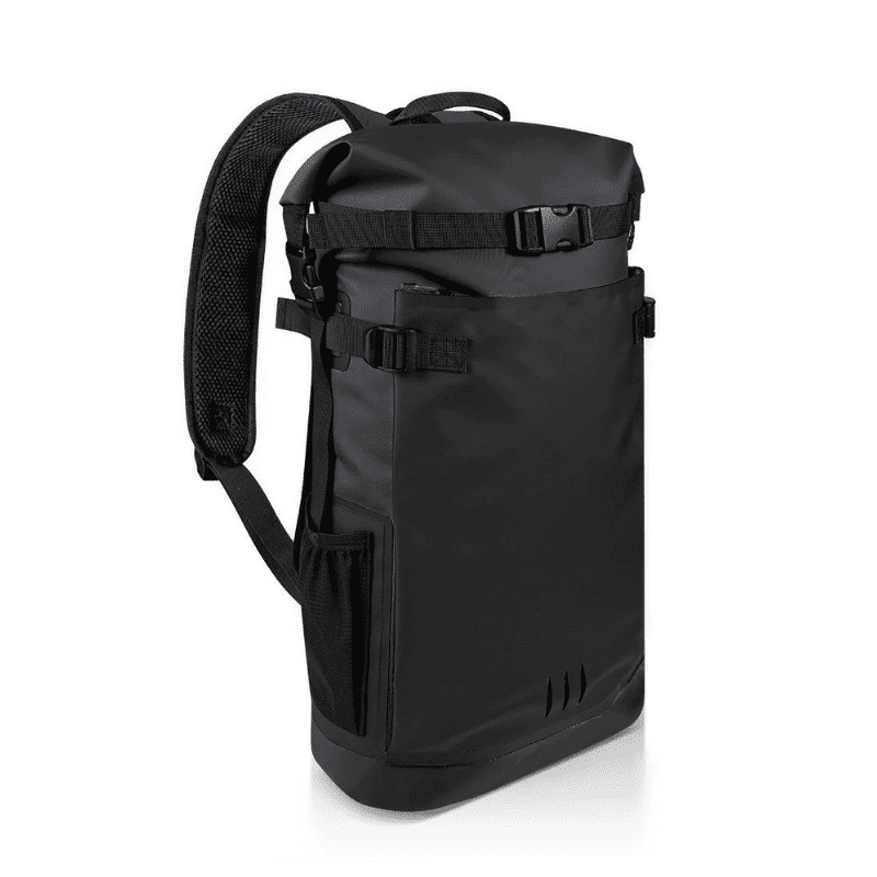 Waterproof Swimming Backpack – Beach, Surfing & Diving Dry Bag A black waterproof roll-top backpack with a padded shoulder strap, shown from a three-quarter angle on a white background.