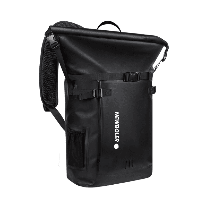 Waterproof Swimming Backpack – Beach, Surfing & Diving Dry Bag A black waterproof backpack with a roll-top closure, side pocket, and white 'NEWBOLER' branding, shown on a plain white background.