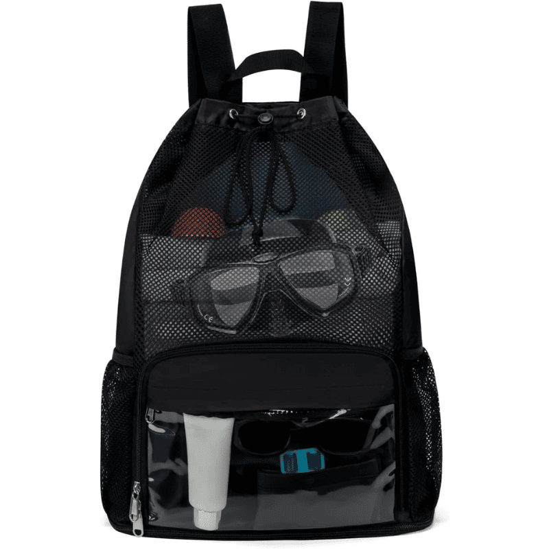 Sandproof Beach Backpack – Waterproof Swim Bag with Shoe Pocket A black mesh drawstring backpack with a clear front zip pocket, shown filled with travel items like swim goggles, a tube, and sunglasses against a white background.