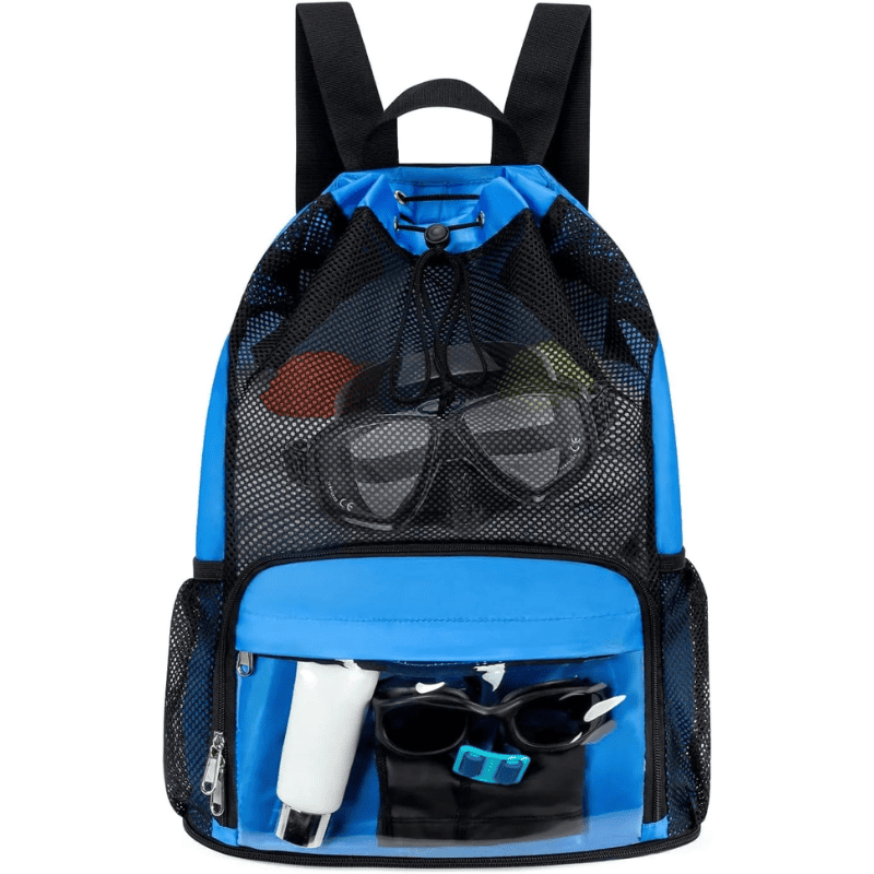Sandproof Beach Backpack – Waterproof Swim Bag with Shoe Pocket A blue and black mesh drawstring backpack shown against a plain white background, filled with swim accessories including goggles, a tube, and a small bottle.