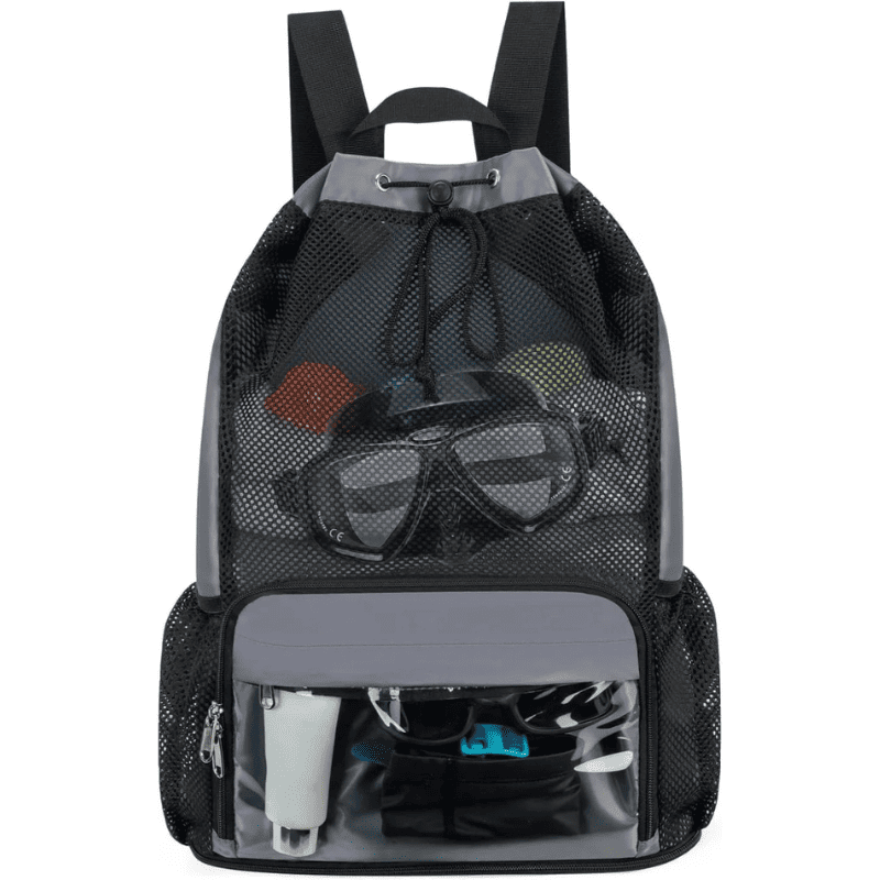 Sandproof Beach Backpack – Waterproof Swim Bag with Shoe Pocket A black and gray mesh drawstring backpack with a clear front zip pocket, shown on a white background with various items packed inside.