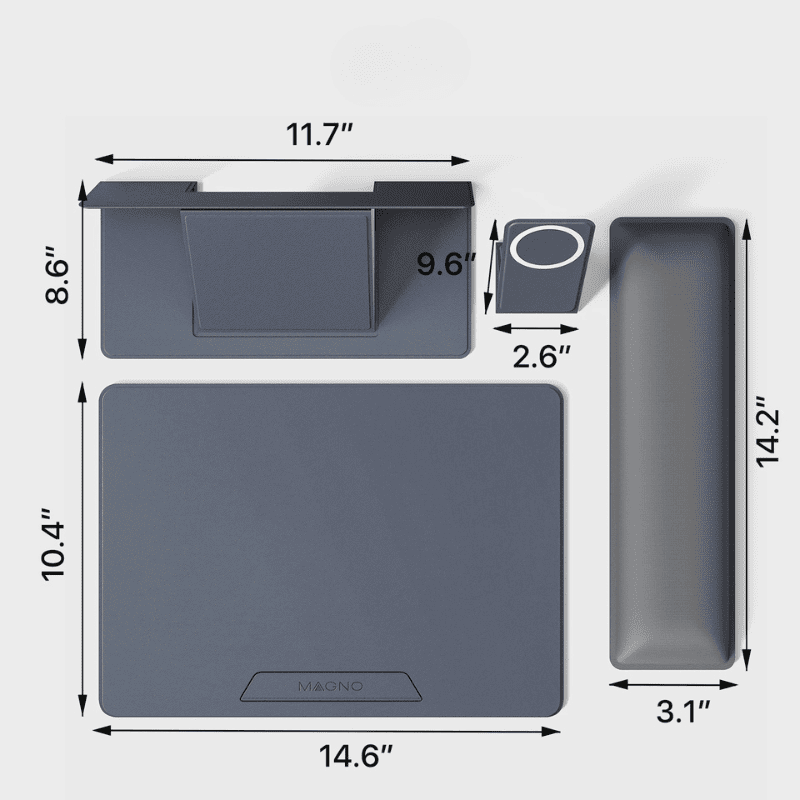 Magnetic Laptop Stand – Foldable Laptop Riser with Phone Stand Dark gray desk accessories set with dimension labels, including a rectangular pad measuring 14.6 by 10.