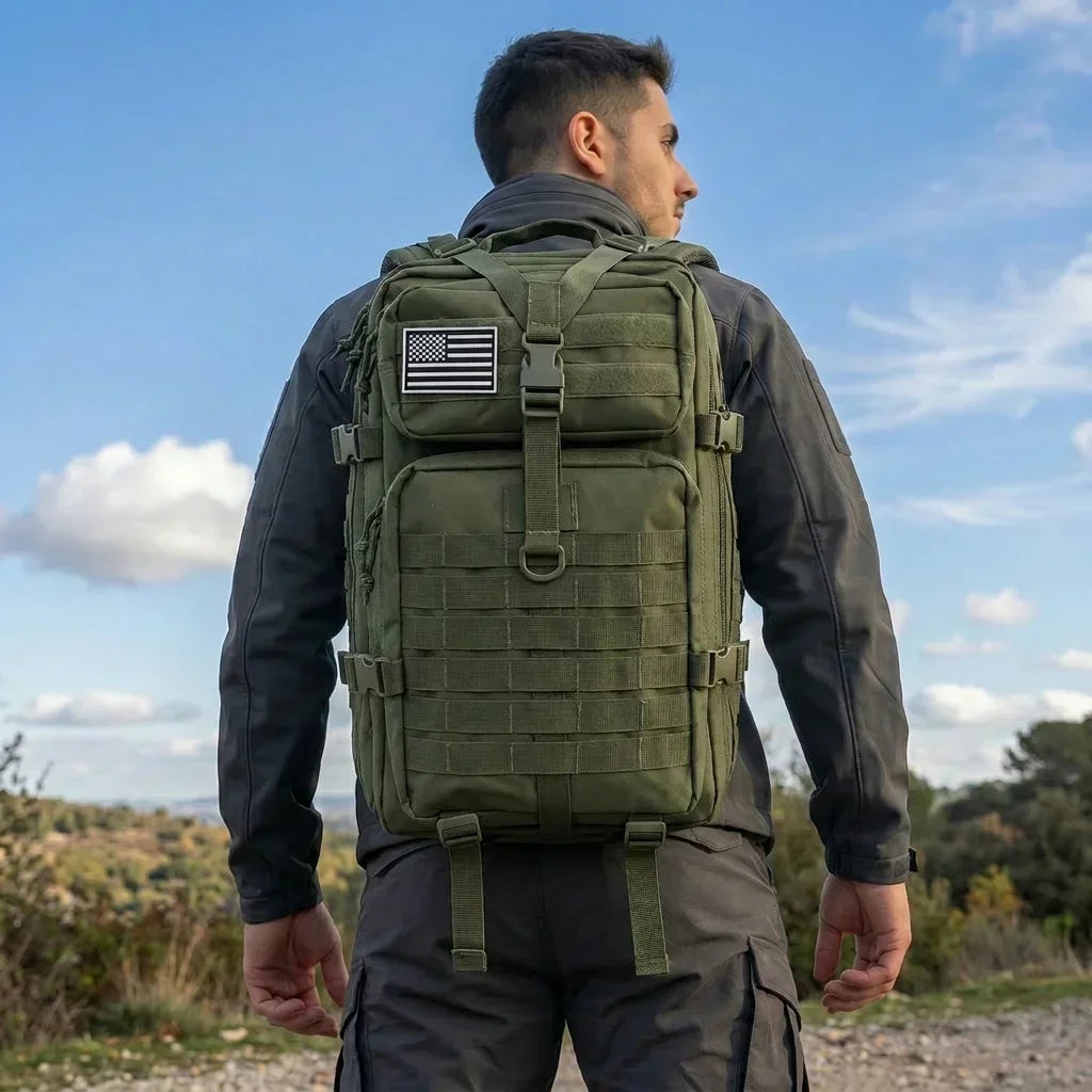 Tactical Backpack – Large Capacity Molle Hiking & Travel Bag A man wearing an olive green tactical backpack with a US flag patch on the front, photographed from behind against an outdoor sky background.