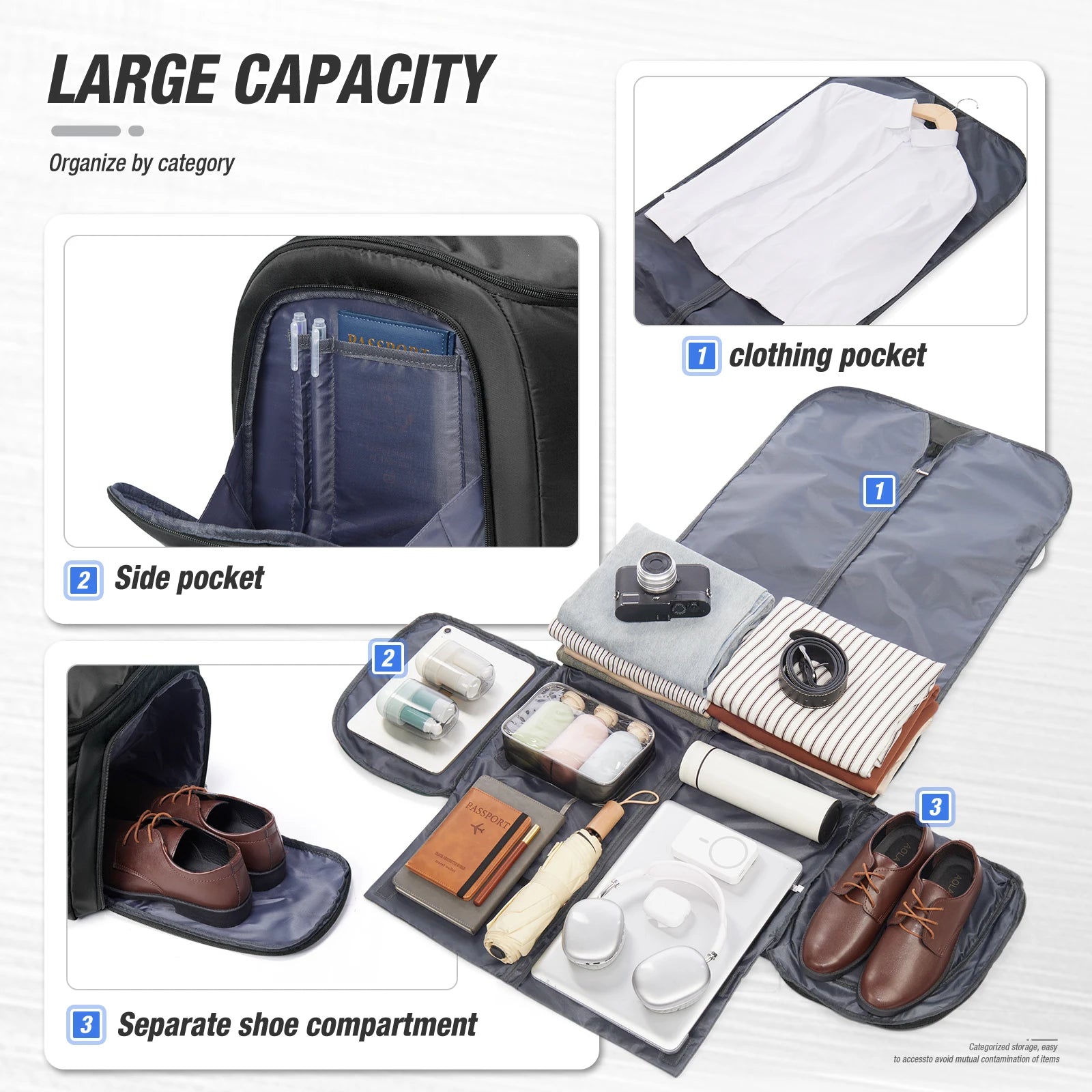 Convertible Garment Duffel Bag for Travel – Carry-On Weekender Bag Multifunctional travel organizer with clothing pocket, side pocket, and separate shoe compartment.