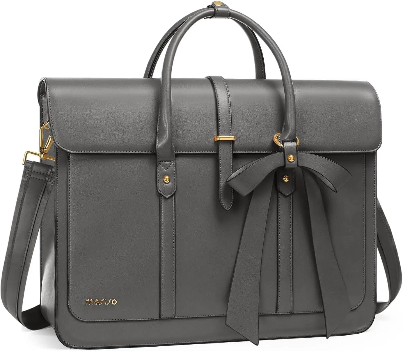 Laptop Bag – Convertible Briefcase, Shoulder & PU Leather Backpack Gray leather bag with a bow detail on a white background