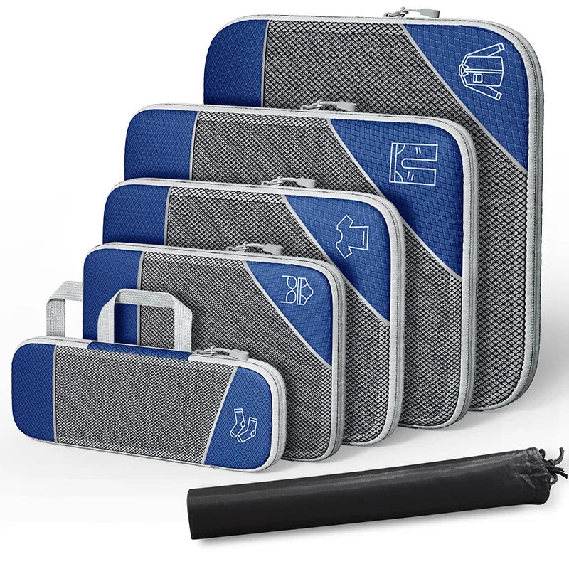 Compression Packing Cubes Set with Shoe Bag – Travel Luggage Organizers Set of blue and gray packing cubes with a black rolling garment bag on a white background