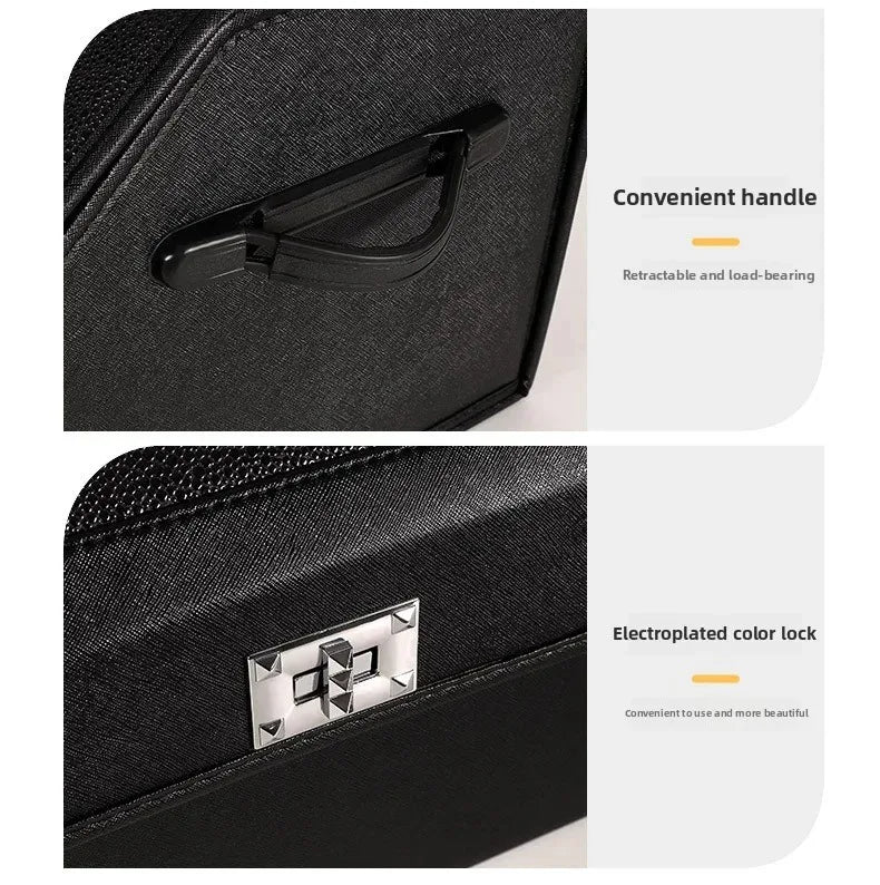 Leather Car Trunk Organizer – Large Capacity Foldable Storage Box Close-up product details of a black textured bag or case, showing a black retractable handle and a silver electroplated lock, with text callouts on a white background.