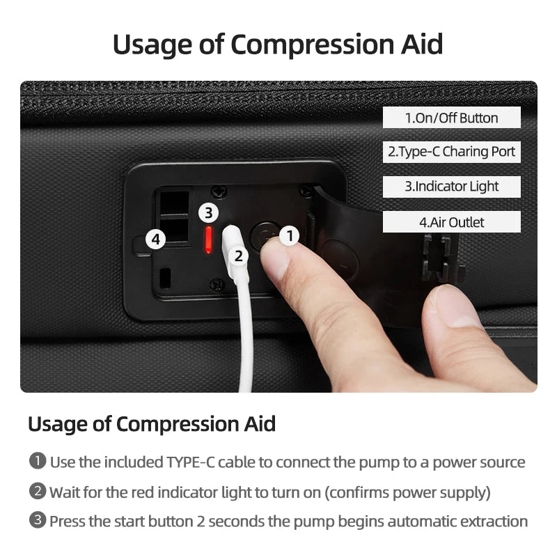 Vacuum Compression Travel Backpack – 17-Inch Laptop & Hiking Backpack Hand using a Type-C cable to connect a device with labeled ports and buttons.