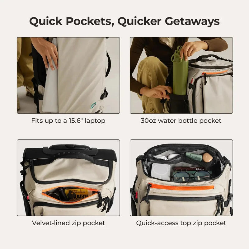 Wheeled Travel Backpack – Large Capacity Carry-On Product advertisement showcasing features of a backpack with quick pockets.