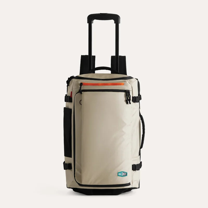 Wheeled Travel Backpack – Large Capacity Carry-On Beige rolling suitcase with black handles and wheels on a white background