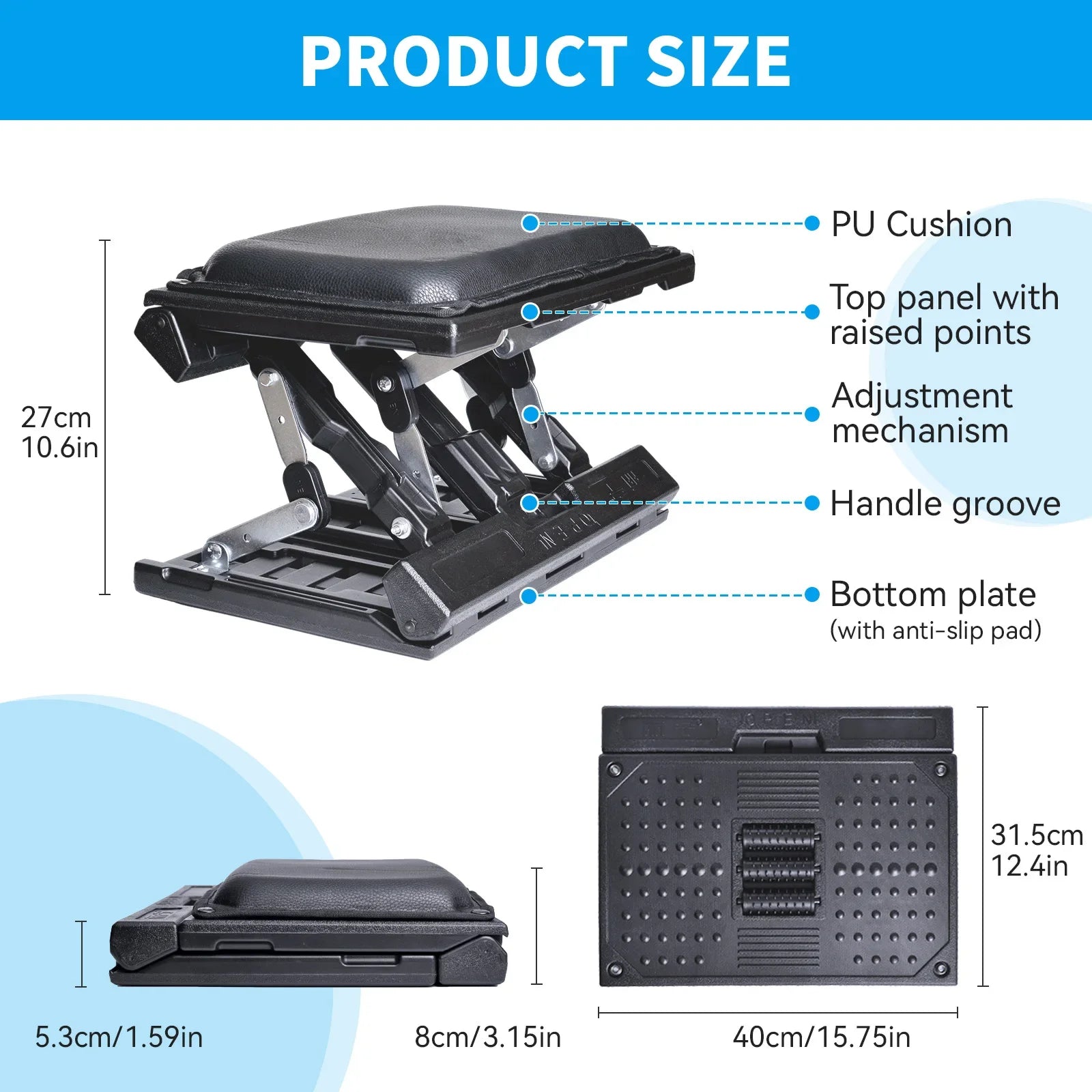 Adjustable Under Desk Footrest – Ergonomic Foldable Office Foot Support Product size chart of a black footrest with labeled parts and dimensions.