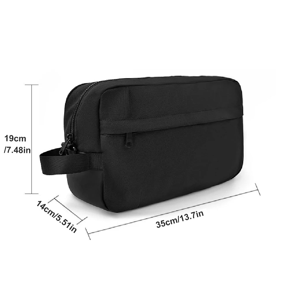 Travel Shoe Pouch – Portable Shoe Organizer for Gym & Sports Black toiletry bag with dimensions indicated on a white background