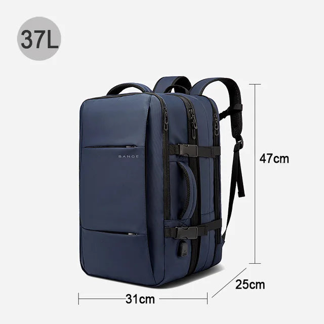 Expandable Laptop Backpack – Waterproof Travel & Hiking Bag Blue backpack with dimensions and capacity label on a white background