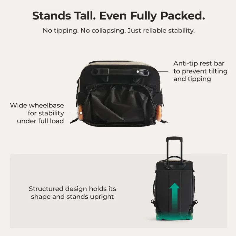 Wheeled Travel Backpack – Large Capacity Carry-On Black travel bag with features highlighted on a white background