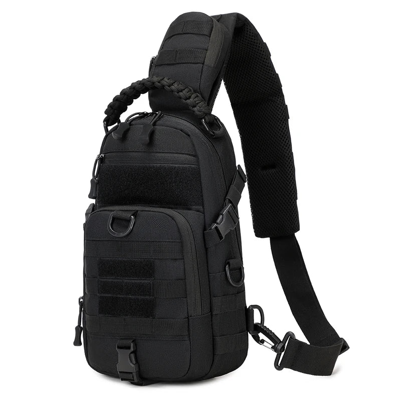 Tactical Chest Bag – Multi-Pocket Sling Pack for Hiking & Travel Black tactical sling bag on a white background
